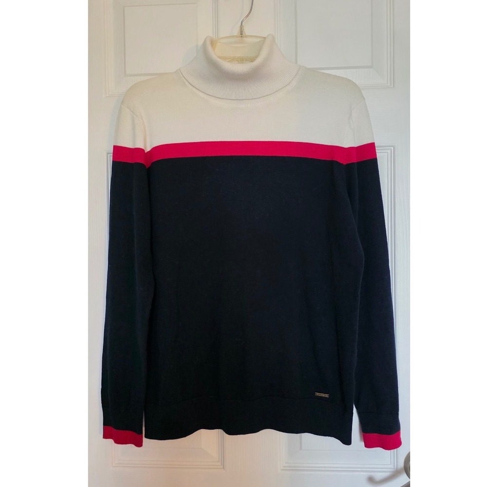 Tommy Hilfiger Womens Colorblock Turtleneck Sweater Navy Blue Red White Large